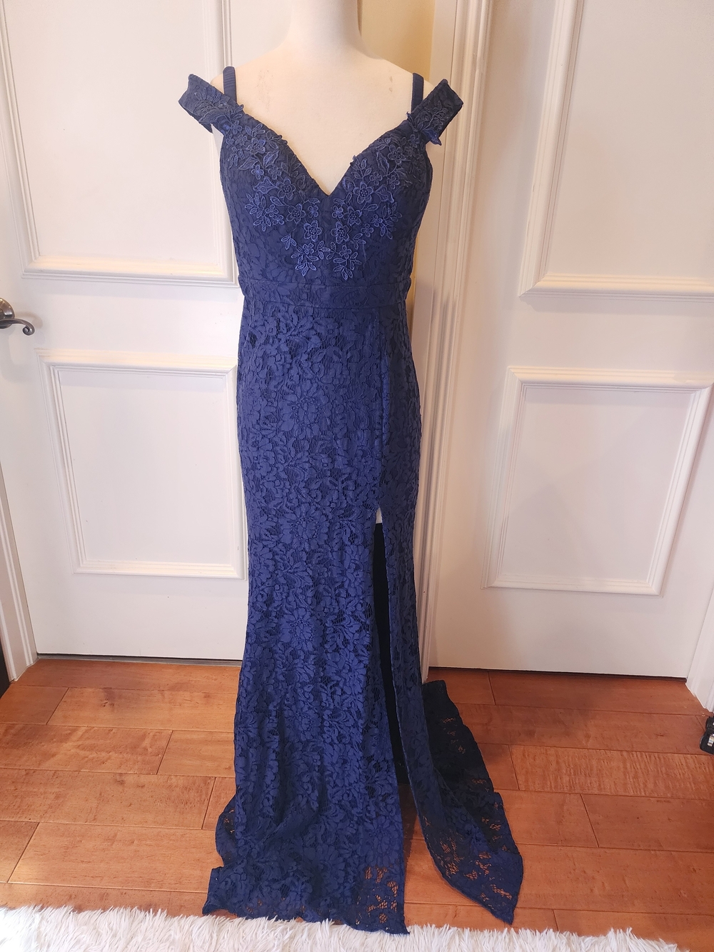 Fashion Nova Navy Floral Lace Off-Shoulder Maxi Gown